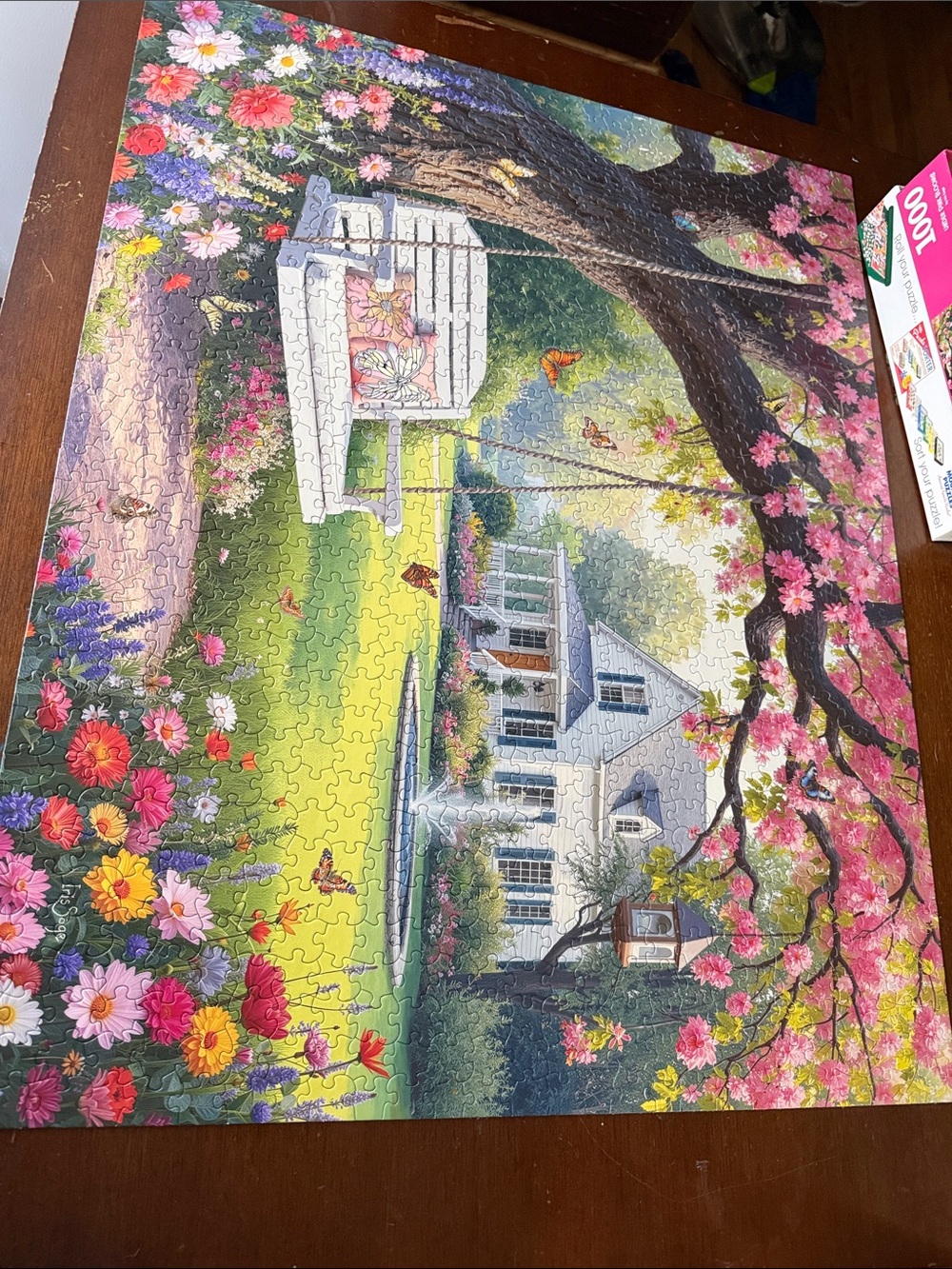 White Mountain Under Pink Blooms 1000-Piece Jigsaw Puzzle - Pink, Green, Blue - Picture 4 of 4